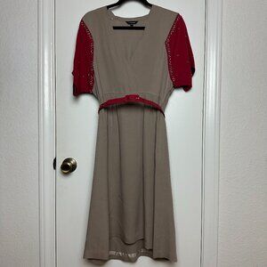 Vintage J. Peterman Silk Red Biege Studded Midi V Neck Dress w/ Belt 12